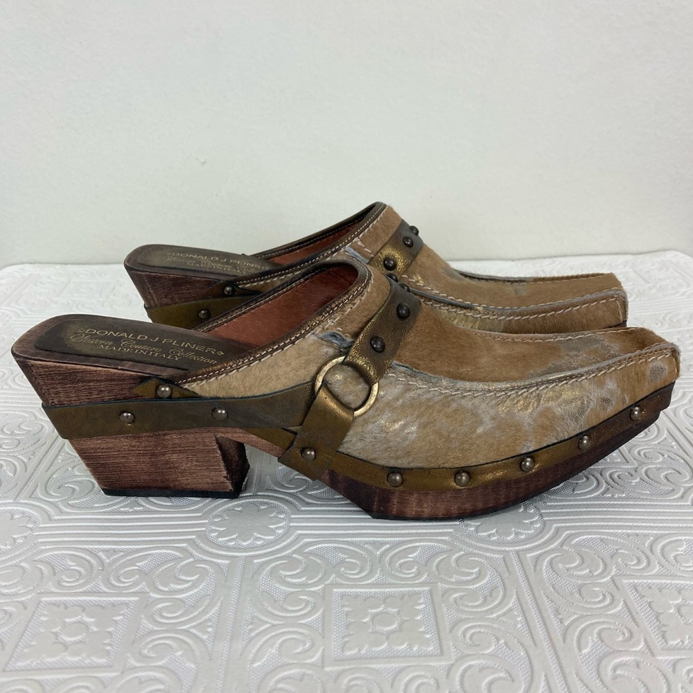 Donald J. Pliner Tan Leather & Haircalf Clog Mules